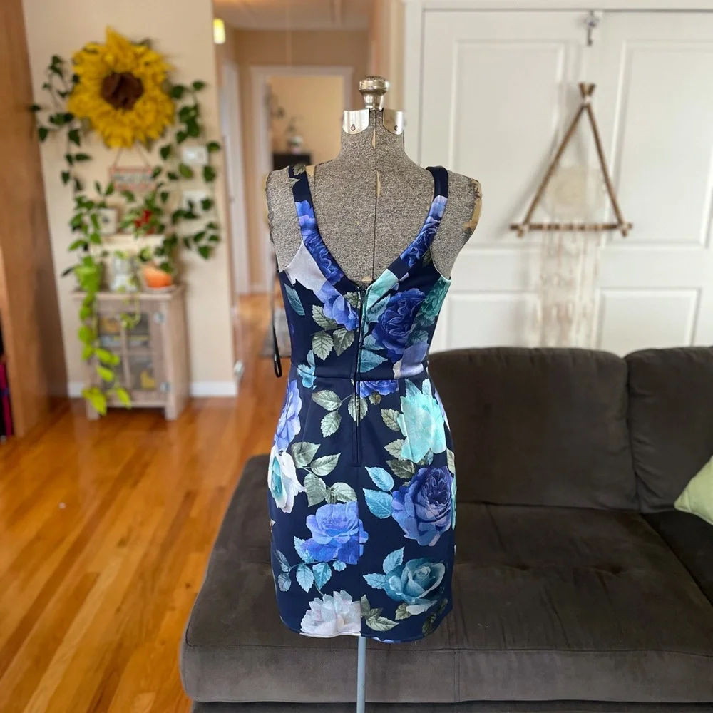 NWT FLORAL PRINT COCKTAIL FITTED BLUE TEAL & NAVY GREAT WEDDING GUEST DRESS - Picture 6 of 9